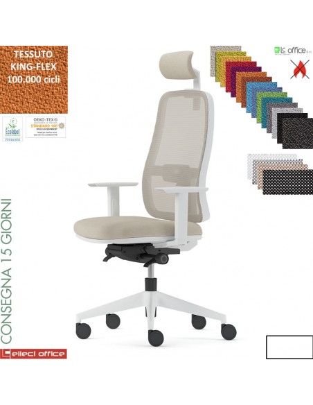 TARIFA poltrona direzionale appoggiatesta base bianca schienale rete TESSUTO KING FLEX class 1 IM