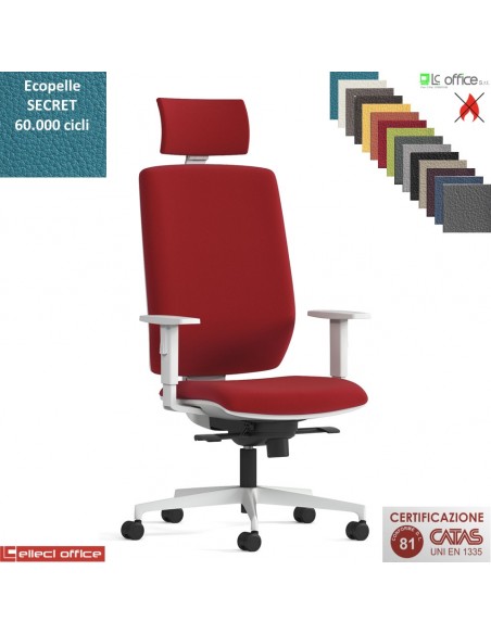 MIRAI WHITE Poltrona operativa schienale mov. Up-down appoggiatesta syncro antishock braccioli ecopelle SECRET class 1 IM