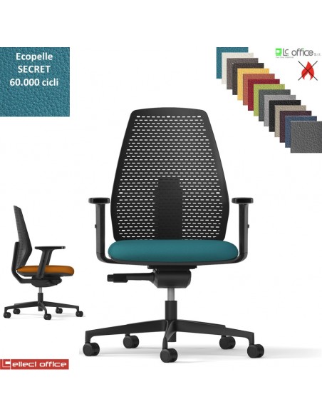 PIPER Poltroncina operativa schienale regolabile mov. sincro autopesante antishock base e cover neri ecopelle SECRET class 1 IM