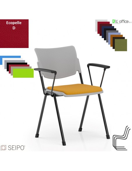 LAMIA LE02N Sedia fissa quattro gambe in acciaio nera con braccioli struttura in polipropilene seduta imbottita ecopelle D