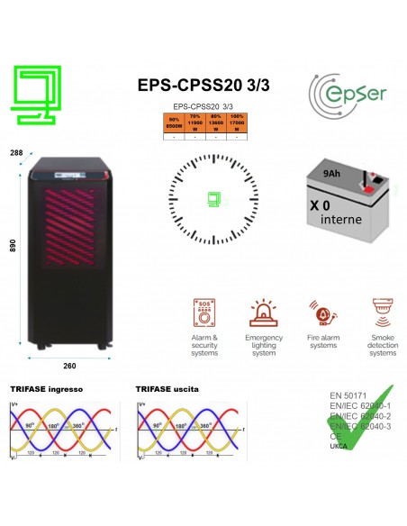 UPS CPSS20 KW 3:3 tower N°0 batterie trifase ingresso e uscita - Epser