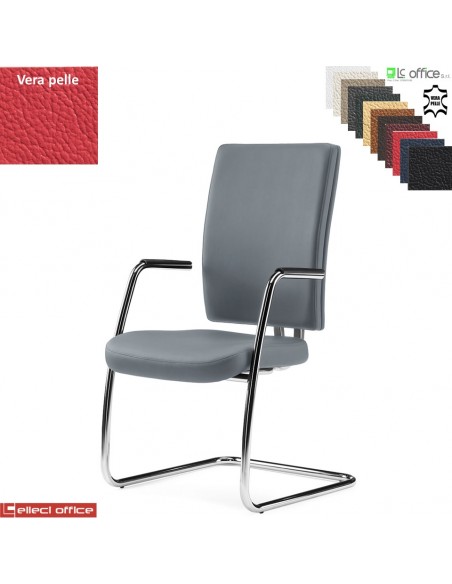 PROGRESS Poltrona interlocutore braccioli telaio tubolare crom. copribraccioli polipropilene a slitta VERA PELLE