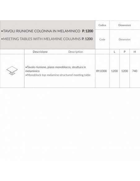 TAVOLO RIUNIONE ROYAL piano e gamba quadrati in melaminico - Seipo RY.0300 scheda