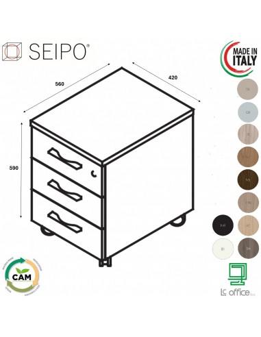 CASSETTIERA su ruote cassetti chiusura ammortizzata e cassetto porta cancelleria - Seipo RY.0050