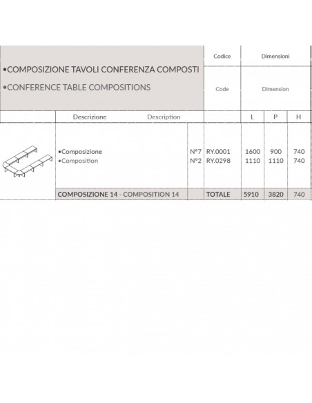 TAVOLO RIUNIONE ROYAL 18 POSTI composto ferro di cavalo - Seipo composizione N°14 scheda