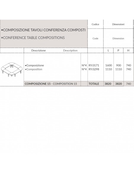 TAVOLO RIUNIONE ROYAL 12 POSTI composto quadrato - Seipo composizione N°15 scheda