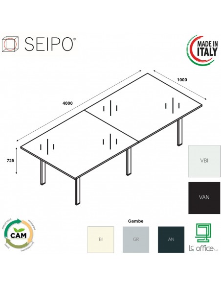 Tavolo riunione vetro p. 1000, piano 
due pezzi, struttura metallica BR.0702