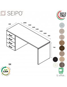 Scrivania SX, profondità 600, cassettiera
portante con vano a giorno lato visitatore, struttura in
melaminico PA.1151