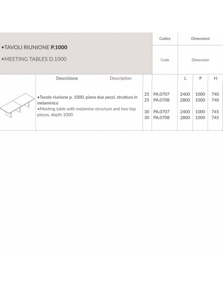 Panel tavolo riunione P.1000, piano due pezzi, struttura in  melaminico Seipo PA.0707 8 SCHEDA