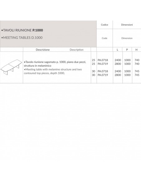 Tavolo riunione sagomato P. 1000, piano due pezzi,  struttura in melaminico PA.0718 9 SCHEDA