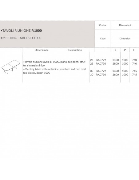Tavolo riunione ovale P.1000, piano due pezzi, struttura in melaminico PA.0729 30 SCHEDA