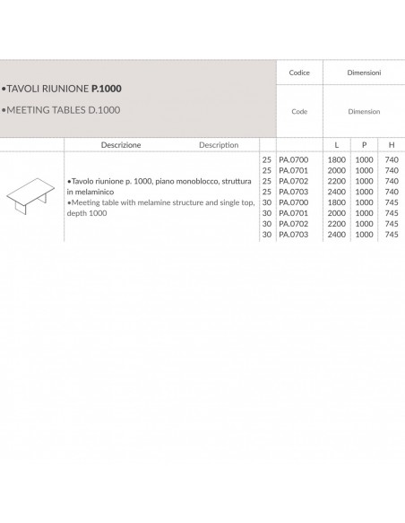Panel Tavolo riunione P.1000, piano monoblocco, struttura  in melaminico Seipo PA.0700 1 2 3 SCHEDA
