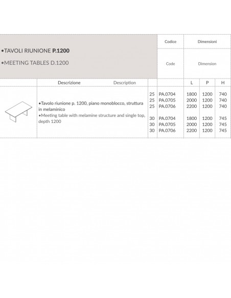 Panel tavolo riunione P.1200, piano monoblocco, struttura  in melaminico Seipo PA.0704 5 6 SCHEDA