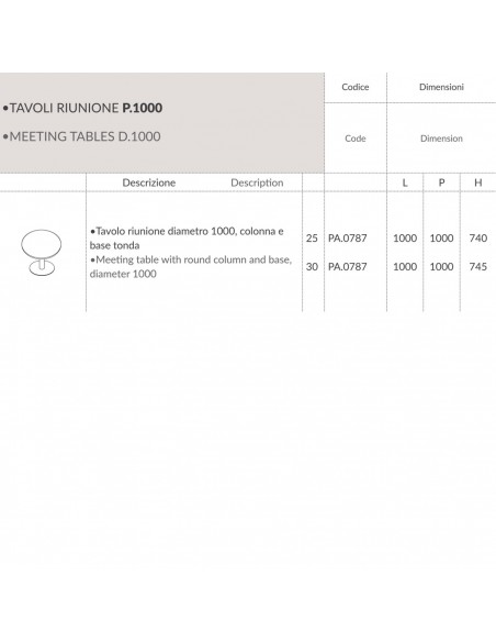 Panel Tavolo riunione diametro P.1000, colonna e  base tonda Seipo PA.0787 SCHEDA