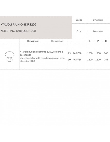Panel Tavolo riunione diametro 1200, colonna e  base tonda Seipo PA.0788 SCHEDA