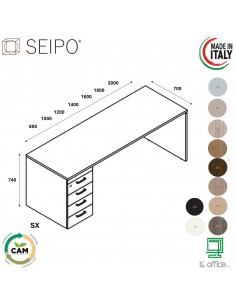 Panel Scrivania DX P.700, cassettiera  portante con vano a giorno lato visitatore, struttura in  melaminico Seipo PA.1411 2 3