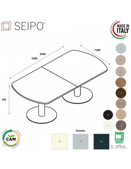 Tavolo riunione sagomato p. 1200, piano 
due pezzi, colonna e base tonda
