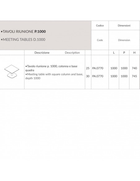 Panel Tavolo riunione p.1000, colonna e base  quadra Seipo PA.0770 SCHEDA