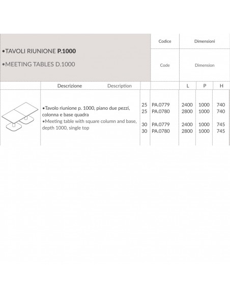Panel Tavolo riunione p. 1000, piano due pezzi,  colonna e base quadra Seipo PA.0779 80 scheda