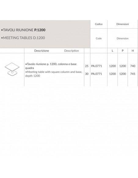 Panel Tavolo riunione p. 1200, colonna e base  quadra Seipo PA.0771 SCHEDA