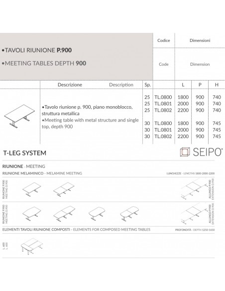 T-LEG tavolo riunione LINEARE P. 900 monobloco struttura metallica gambe a T Seipo TL.0800 01 02 img 2