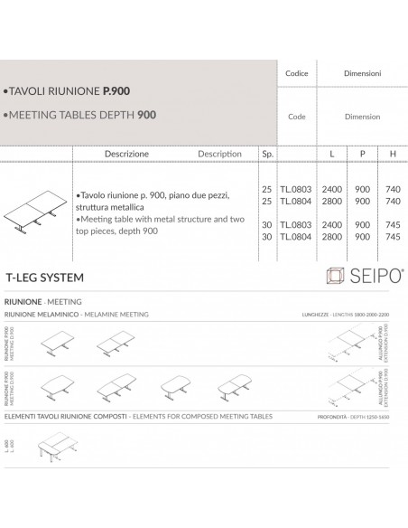 T-LEG tavolo riunione LINEARE P. 900 composto 2 pezzi struttura metallica gambe a T Seipo TL.0803 04 schede