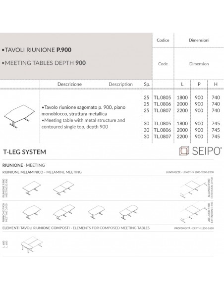 T-LEG tavolo riunione SAGOMATO P. 900 monobloco struttura metallica gambe a T Seipo TL.0800 01 02