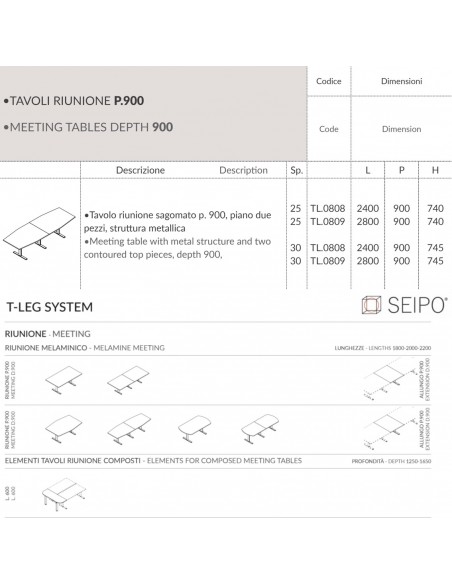 T-LEG tavolo riunione SAGOMATO P. 900 composto 2 pezzi struttura metallica gambe a T Seipo TL.0808 09 SCHEDA
