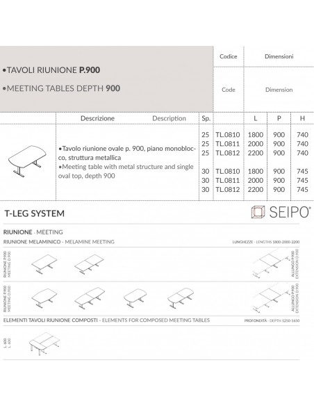 T-LEG tavolo riunione OVALE P. 900 monobloco struttura metallica gambe a T Seipo TL.0810 11 12 SCHEDA