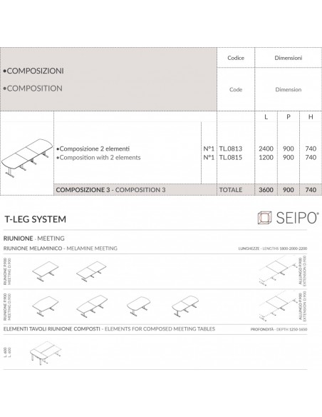 T-LEG tavolo riunione SAGOMATO 14 POSTI composto 3 pezzi struttura metallica gambe a T Seipo COMPO 3 SCHEDA