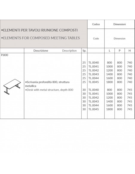 T-LEG tavolo riunione LINEARE P. 800 monobloco struttura metallica gambe a T Seipo TL.0840 41 42 43 44 45 SCHEDA