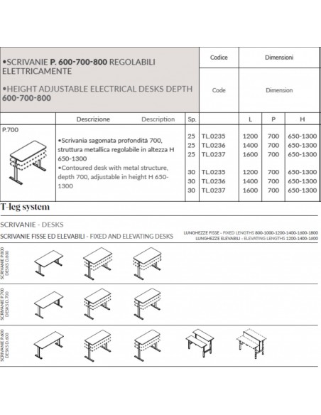 T-LEG SRIVANIA sagomata regolabile in altezza P. 700 monobloco struttura metallica gambe a T Seipo TL.0235 36 37 scheda