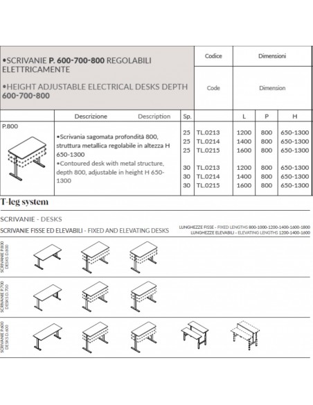T-LEG SRIVANIA sagomata regolabile in altezza P. 800 monobloco struttura metallica gambe a T Seipo TL.0213 14 15 scheda