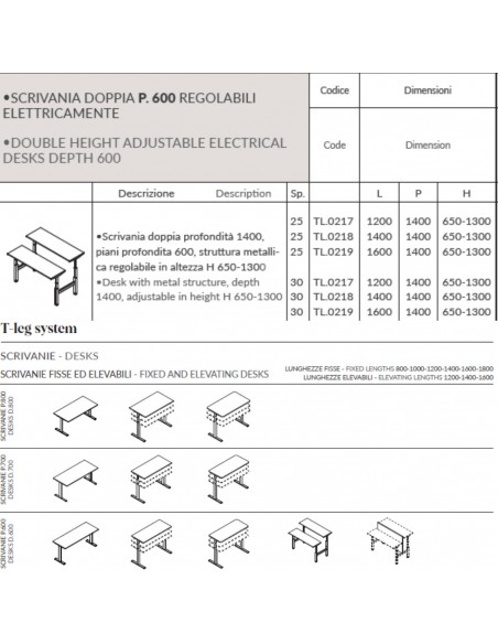 T-LEG SRIVANIA sagomata regolabile in altezza P. 800 monobloco struttura metallica gambe a T Seipo TL.0217 18 19 scheda