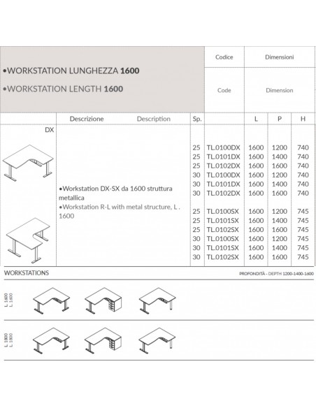T-LEG Workstation DX da struttura metallica a ponte Seipo P. 1200 1400 TL.0100 01 SCHEDA