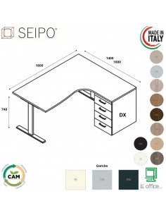 T-LEG Workstation DX da struttura metallica a ponte con cassettiere portante Seipo P. 1400 1600 TL.0104 05 DESTRO