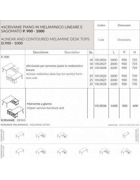 VERTEX scrivania piano in melaminico LINEARE con mobile portante Seipo - VX.0026 27 28 VX.0036 DX SX SCHEDA