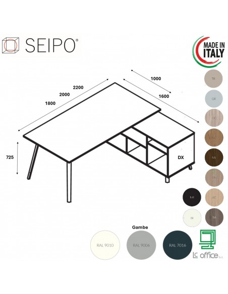 VERTEX scrivania piano in melaminico LINEARE con mobile portante Seipo - VX.0006 07 08 VX.0036 DX SX
