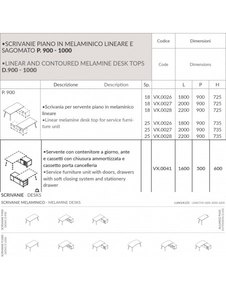 VERTEX scrivania piano in melaminico LINEARE con mobile portante Seipo - VX.0006 07 08 VX.0041 DX SCHEDA