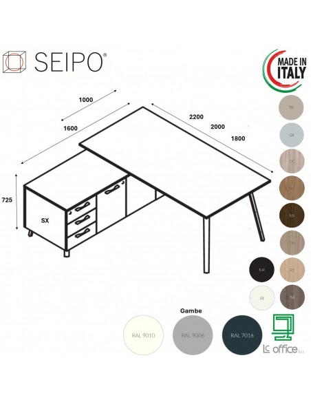 VERTEX scrivania piano in melaminico LINEARE con mobile portante Seipo - VX.0006 07 08 VX.0041 SX