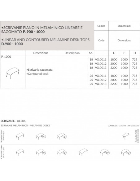 VERTEX scrivania piano in melaminico sagomata Seipo P. 1000 - VX.0011 12 13