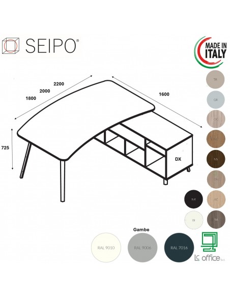 VERTEX scrivania piano sagomata in melaminico con mobile portante Seipo - VX.0016 17 18 VX.0036 DX