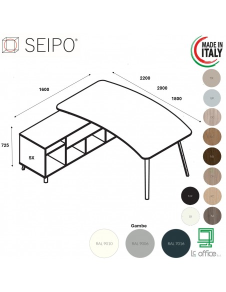 VERTEX scrivania piano sagomata in melaminico con mobile portante Seipo - VX.0016 17 18 VX.0036 SX