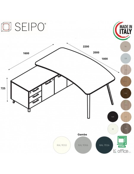 VERTEX scrivania piano sagomata in melaminico con mobile portante Seipo - VX.0016 17 18 VX.0041 SX