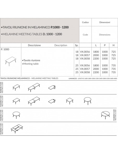 VERTEX Tavolo riunione piano in melaminico LINEARE Seipo P. 1000 - VX.0056 57 58 scheda