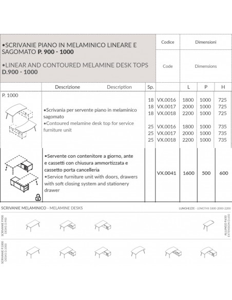 VERTEX scrivania piano sagomata in melaminico con mobile portante Seipo - VX.0016 17 18 VX.0041 DX SCHEDA