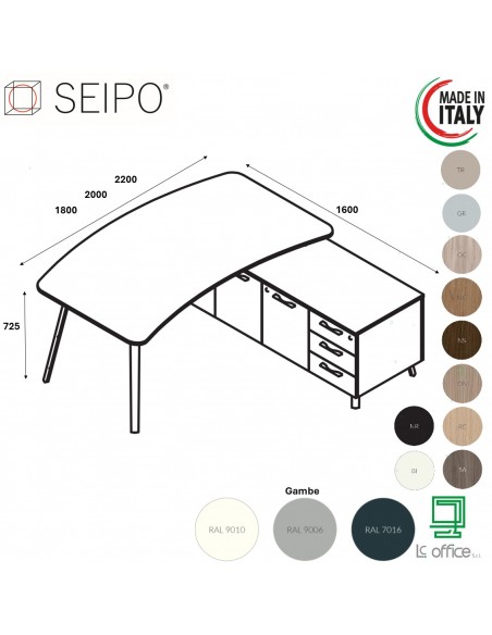 VERTEX scrivania piano sagomata in melaminico con mobile portante Seipo - VX.0016 17 18 VX.0041 DX