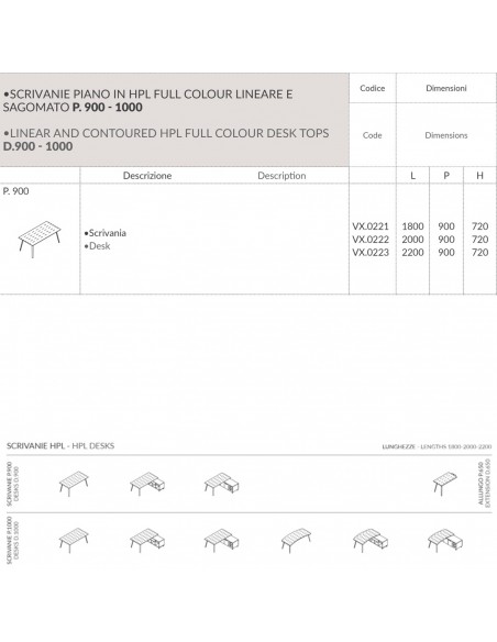 VERTEX scrivania ELEGANTE piano in HPL LINEARE Seipo P. 1000 - VX.0221 22 23 SCHEDA