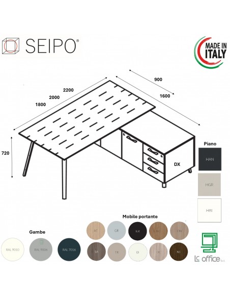 VERTEX scrivania ELEGANTE piano in HPL con mobile portante Seipo P. 900 - VX.0226 27 28 VX.0041 DX
