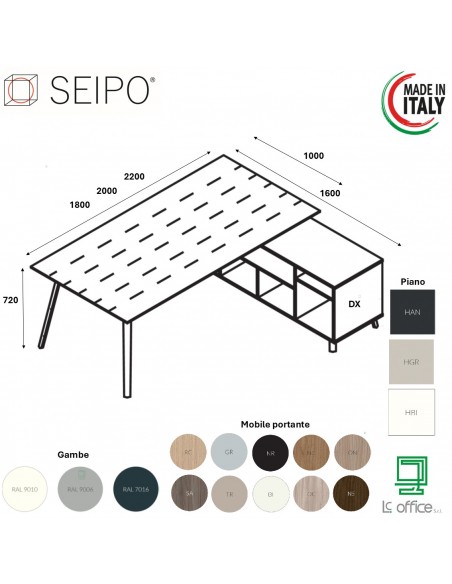 VERTEX scrivania ELEGANTE piano in HPL con mobile portante Seipo P. 1000 - VX.0206 07 08 VX.0036 DX